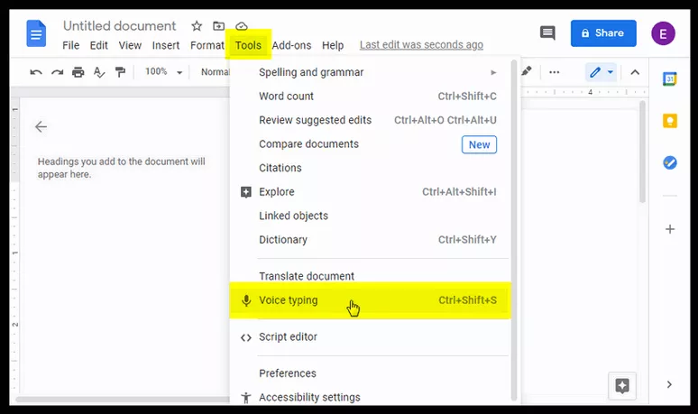 Transcribe audio to text online with Google Doc.