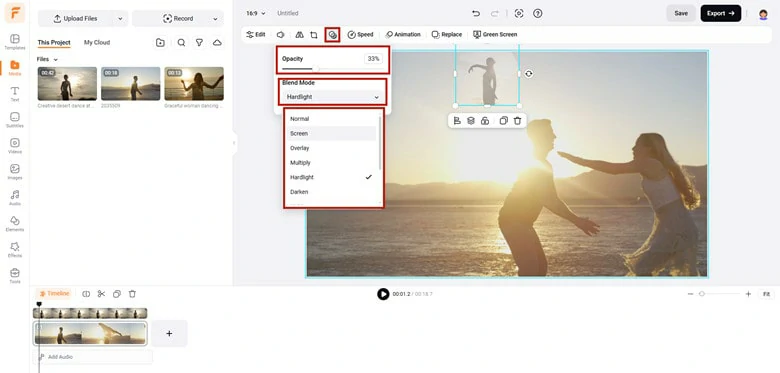 Adjust Opacity degree and Change Blend Mode to Blend Two Videos Together