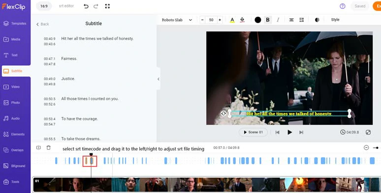 Select SRT timecodes and drag them to the left or right to adjust SRT file timing on the timeline